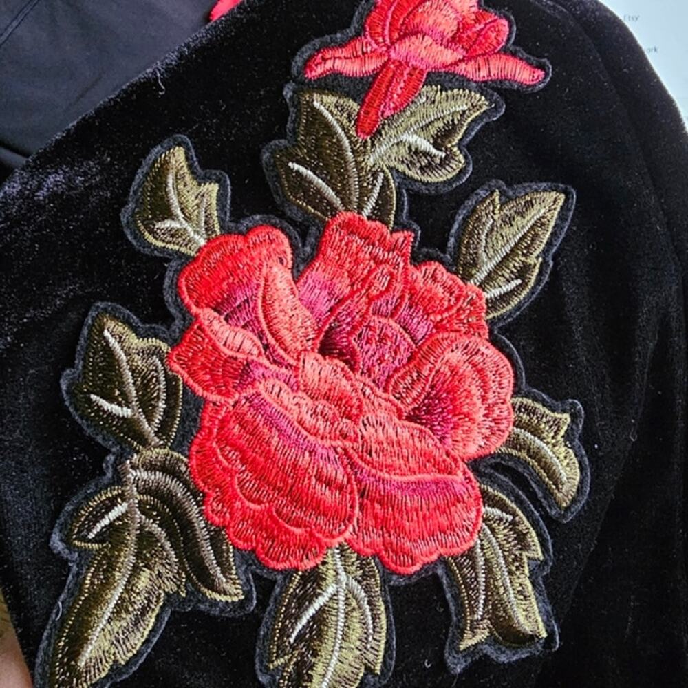 Elodie Velvet Roses Embroidered Jacket Open Front Peasant 3/4 Sleeves Size S - Picture 2 of 15